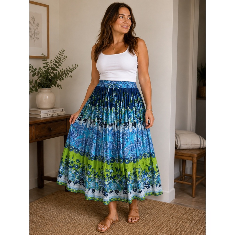 Take Two Clothing‎ Cotton Peasant Skirt Womens Large Blue Green Floral Boho
